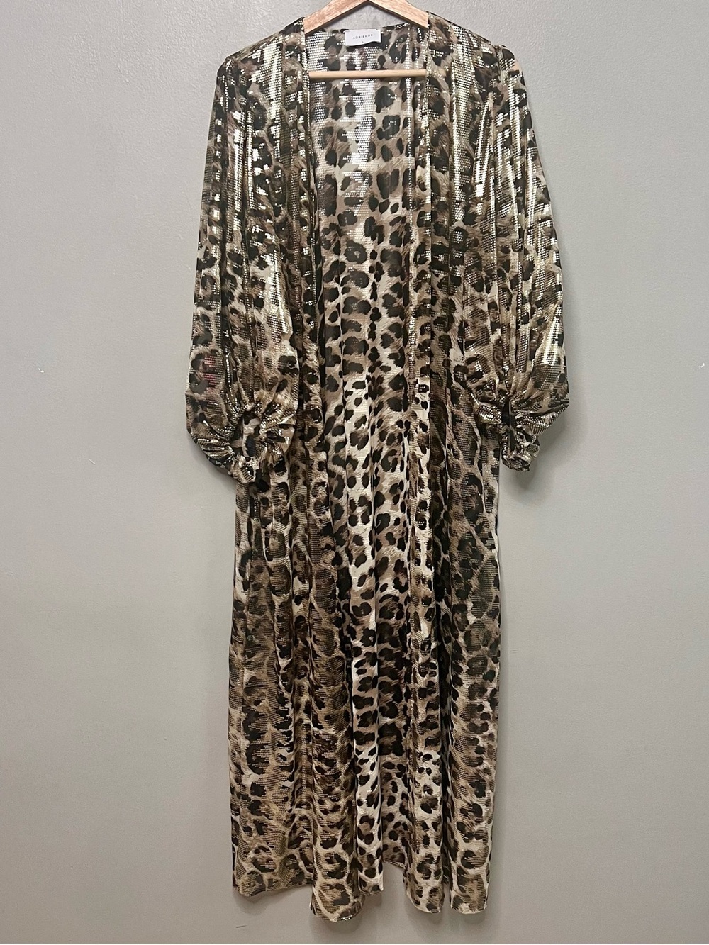 NWOT Adrienne Sheer Metallic Leopard Print Long Duster Cardigan Size Large